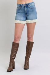Judy Blue Full Size Hw Tummy Control Shearling Cuff Denim Shorts Plus Size OutfitFlow